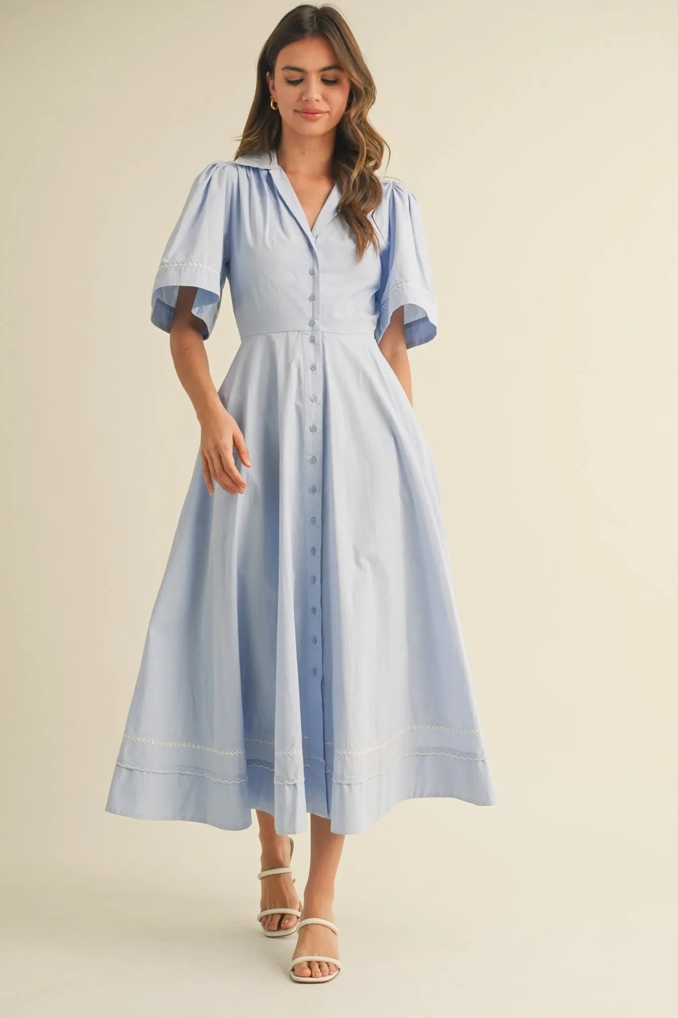 Floral Embroidered Maxi Dress with Button-Down Front - Maxi Dresses