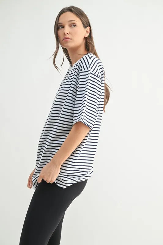 100% Cotton Coastal Striped Oversized Crewneck T-Shirt - T-Shirts