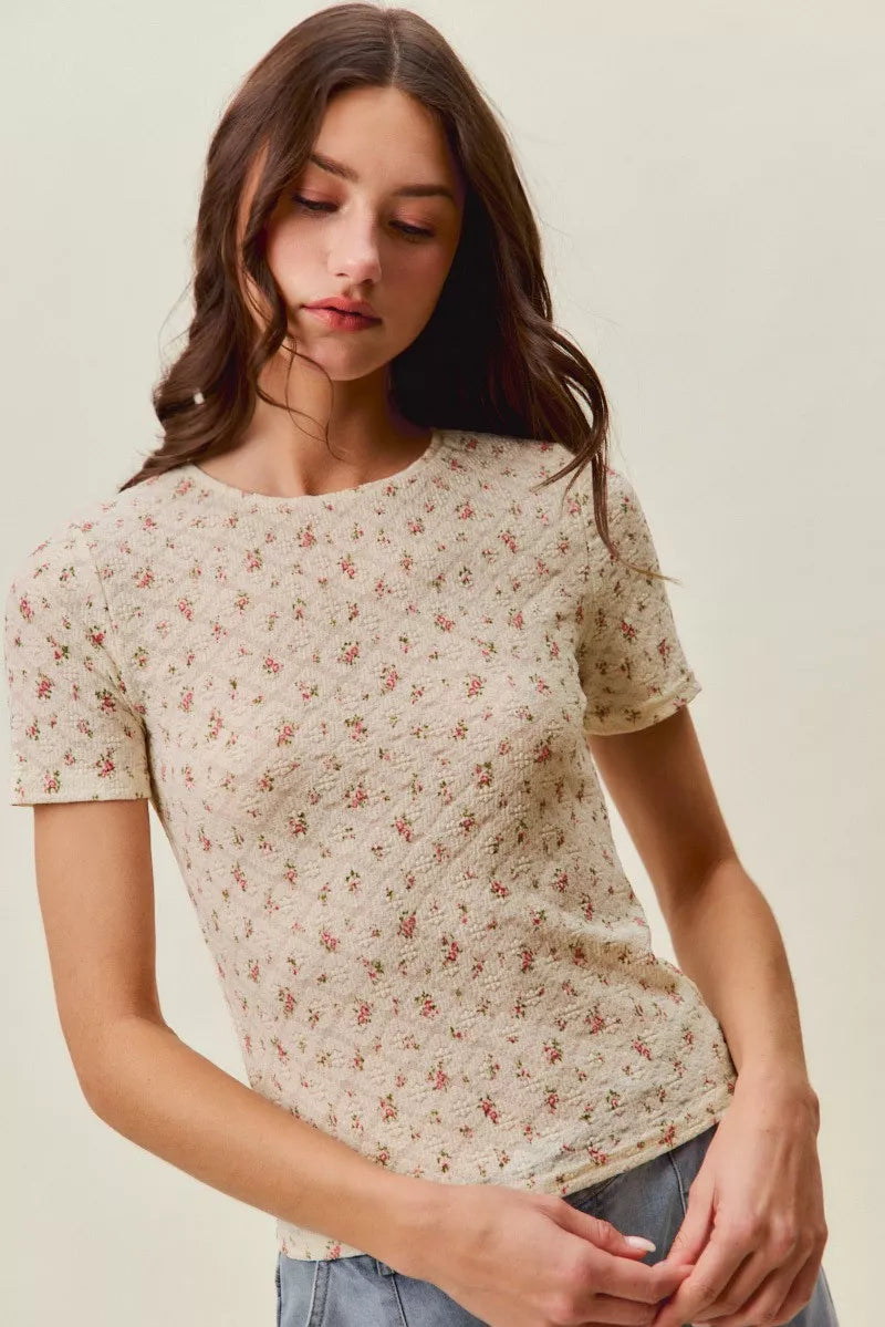 Floral Lace Short Sleeve Layering Knit Top — Romantic Soft Inner Layer Everyday Style - Knit Tops