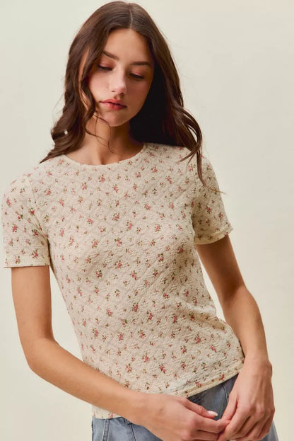Floral Lace Short Sleeve Layering Knit Top — Romantic Soft Inner Layer Everyday Style - Knit Tops