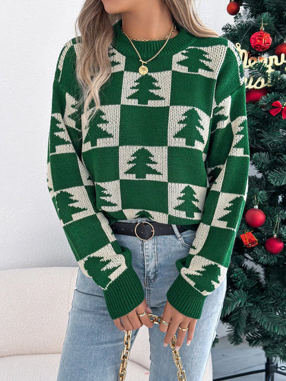 Christmas Tree Checkerboard Pattern Knit Sweater Green