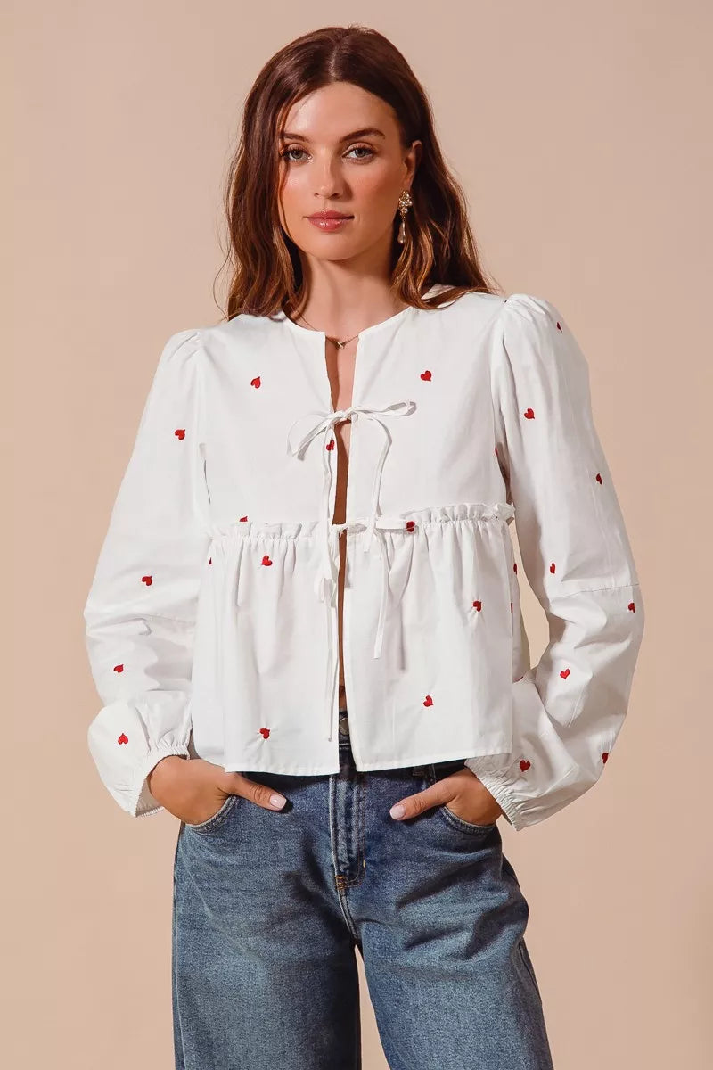Front Tie Heart Embroidered Blouse With Puff Sleeve - Blouses