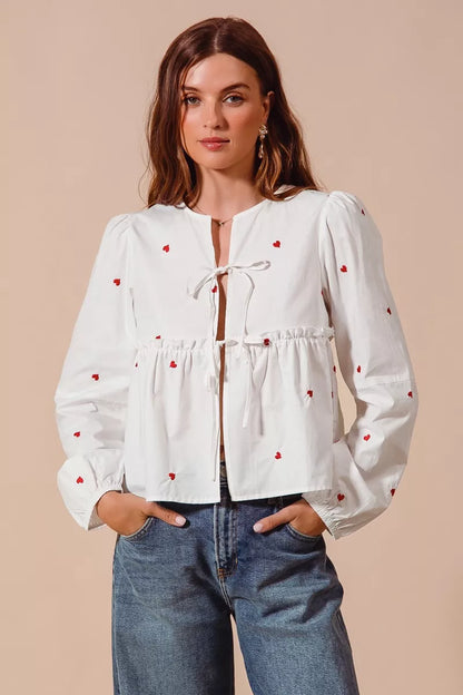 Front Tie Heart Embroidered Blouse With Puff Sleeve - Blouses