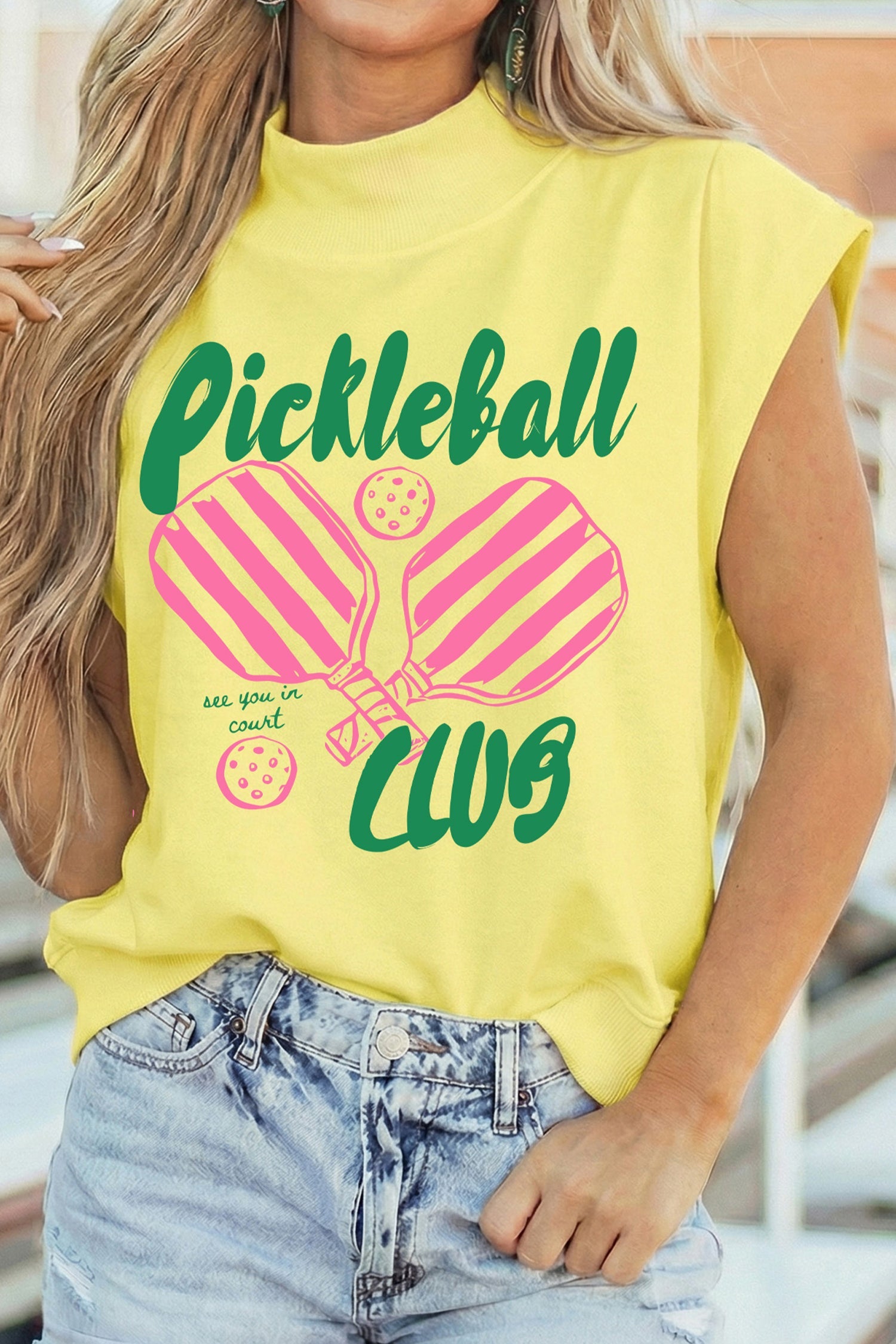 Pickleball Club Slogan Cropped Mock Graphic Top — Sporty Casual Everyday Style - Yellow Graphic Tees