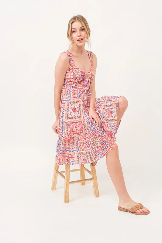 Tied Front Smocked Back Tiered Boho Mini Dress – outfit idea for women | Ro + Ivy