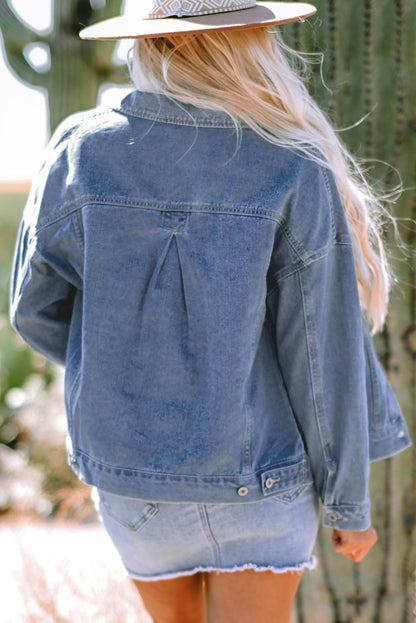 Striped Washed Denim Chest Pocket Oversized Vintage Jacket — Laid-Back Casual Style - Outerwear/Denim jackets