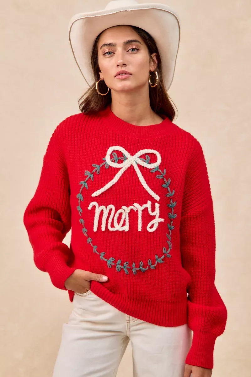 "Merry" Lettering Christmas Wreath Crewneck Sweater | Trendy Sweaters Outfit Idea for Women by Ro + Ivy | Elevated Basics, Modern Comfort & Style