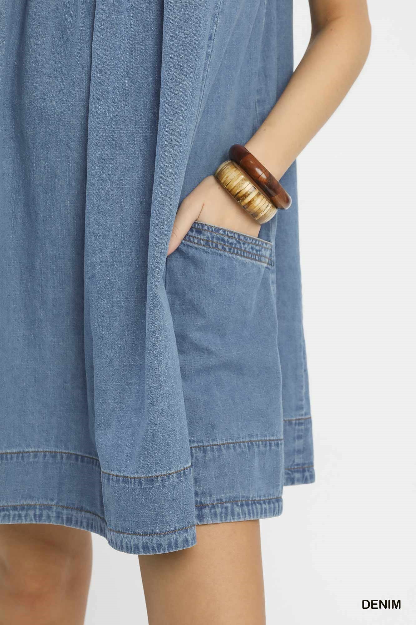 Cotton Stone Washed Denim Mini Dress - Mini Dresses