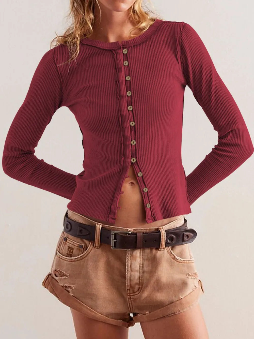 Ribbed Round Neck Button Up Long Sleeve Top - Rust Tops