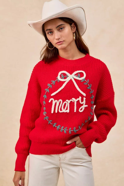 "Merry" Lettering Christmas Wreath Crewneck Sweater | Trendy Sweaters Outfit Idea for Women by Ro + Ivy | Elevated Basics, Modern Comfort & Style