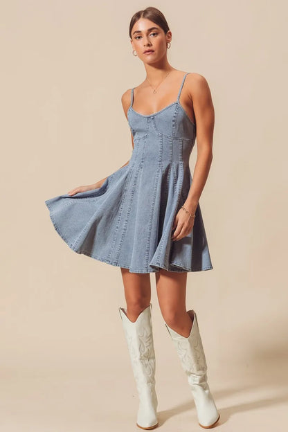 A Line Fit And Flare Denim Bow Ties Mini Dress | Trendy Mini Dresses Outfit Idea for Women by Ro + Ivy | Elevated Basics, Modern Comfort & Style