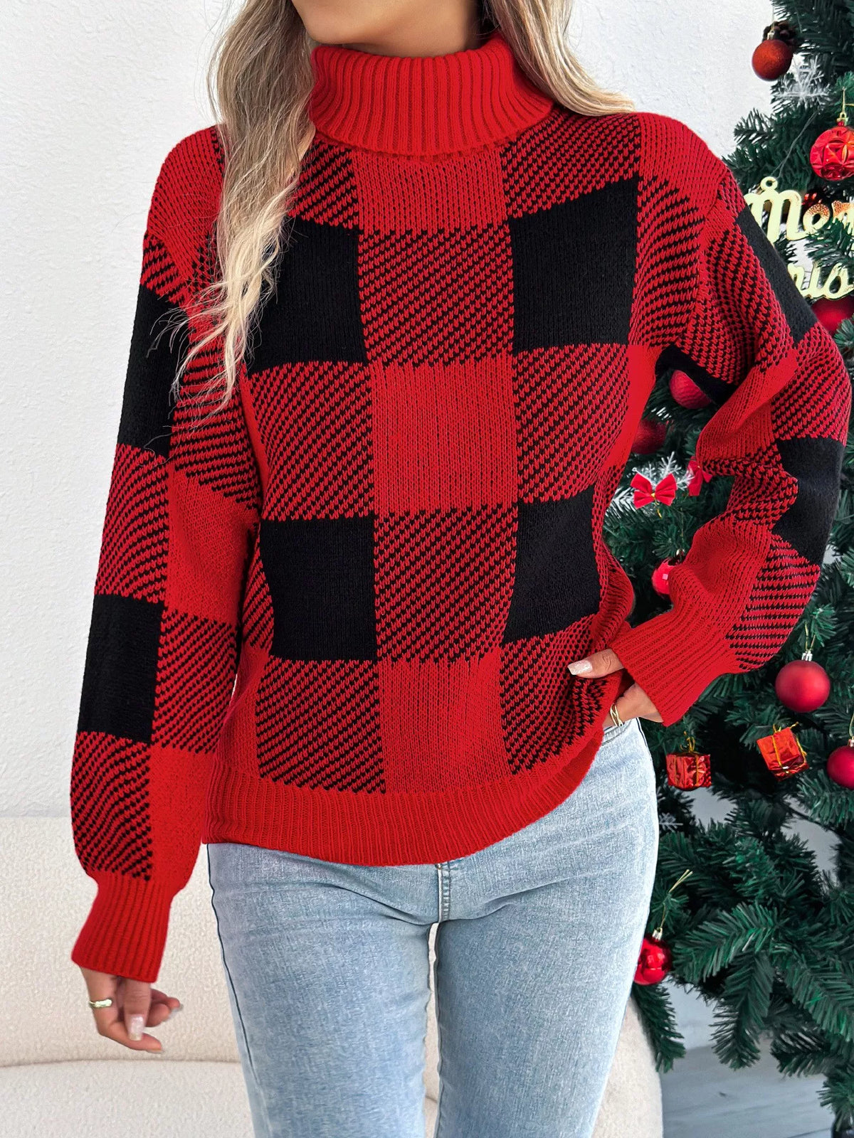 Christmas Plaid Long-Sleeve Turtleneck Knit Sweater Red