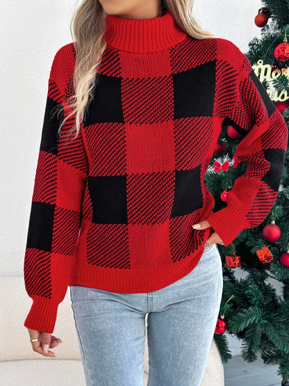 Christmas Plaid Long-Sleeve Turtleneck Knit Sweater Red