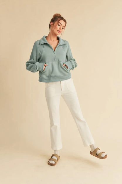 Half-Zip Raglan Sleeve Kangaroo Pocket Sweatshirt in Pale Blue - Sweatshirts