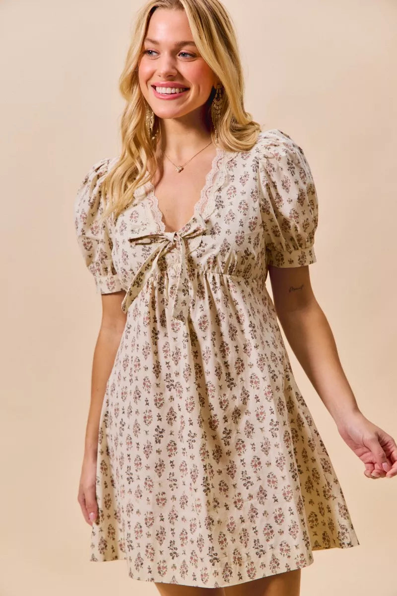 Floral Print Lace Trim Short Sleeves Mini Dress | Trendy Mini Dresses Outfit Idea for Women by Ro + Ivy | Elevated Basics, Modern Comfort & Style