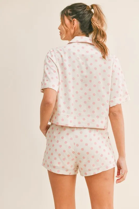Polka Dot Collar Crop Top And Short Lounge Set - Loungewear