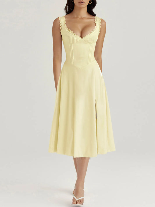 Women's Scalloped V-Neck Midi Dress with Back Lace-Up Yellow