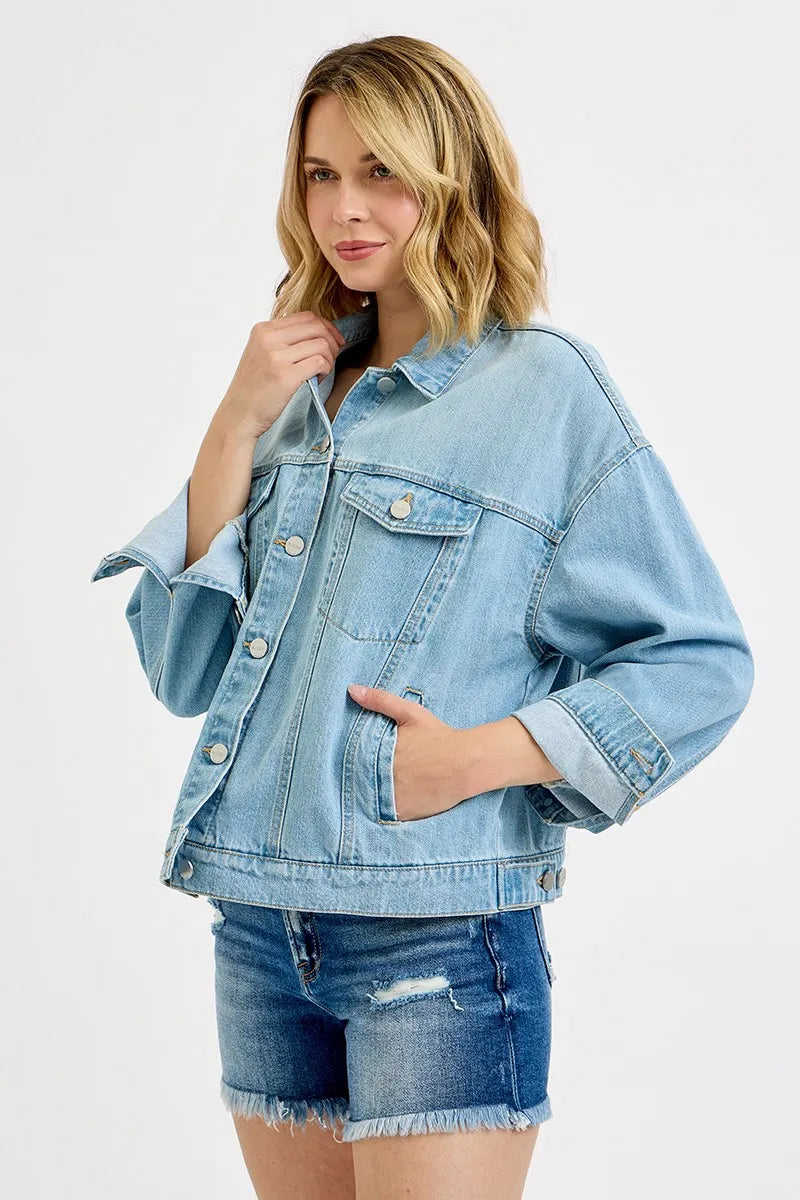 Dropped Shoulder Button Up Washed Denim Jacket | Trendy Denim Jackets Outfit Idea for Women by Ro + Ivy | Elevated Basics, Modern Comfort & Style