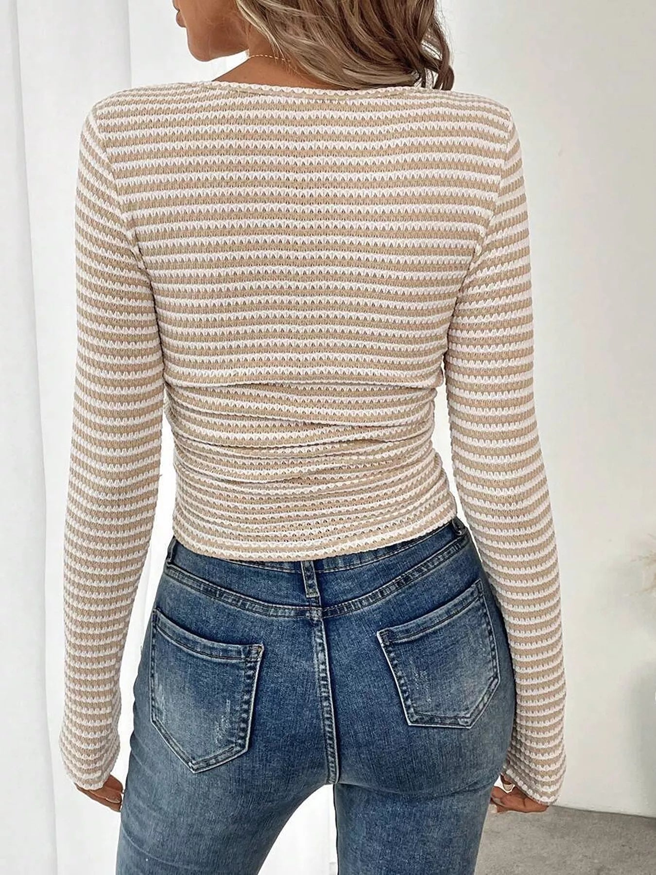 Women's Striped Square Neck Long Sleeve T-Shirt - T-Shirts
