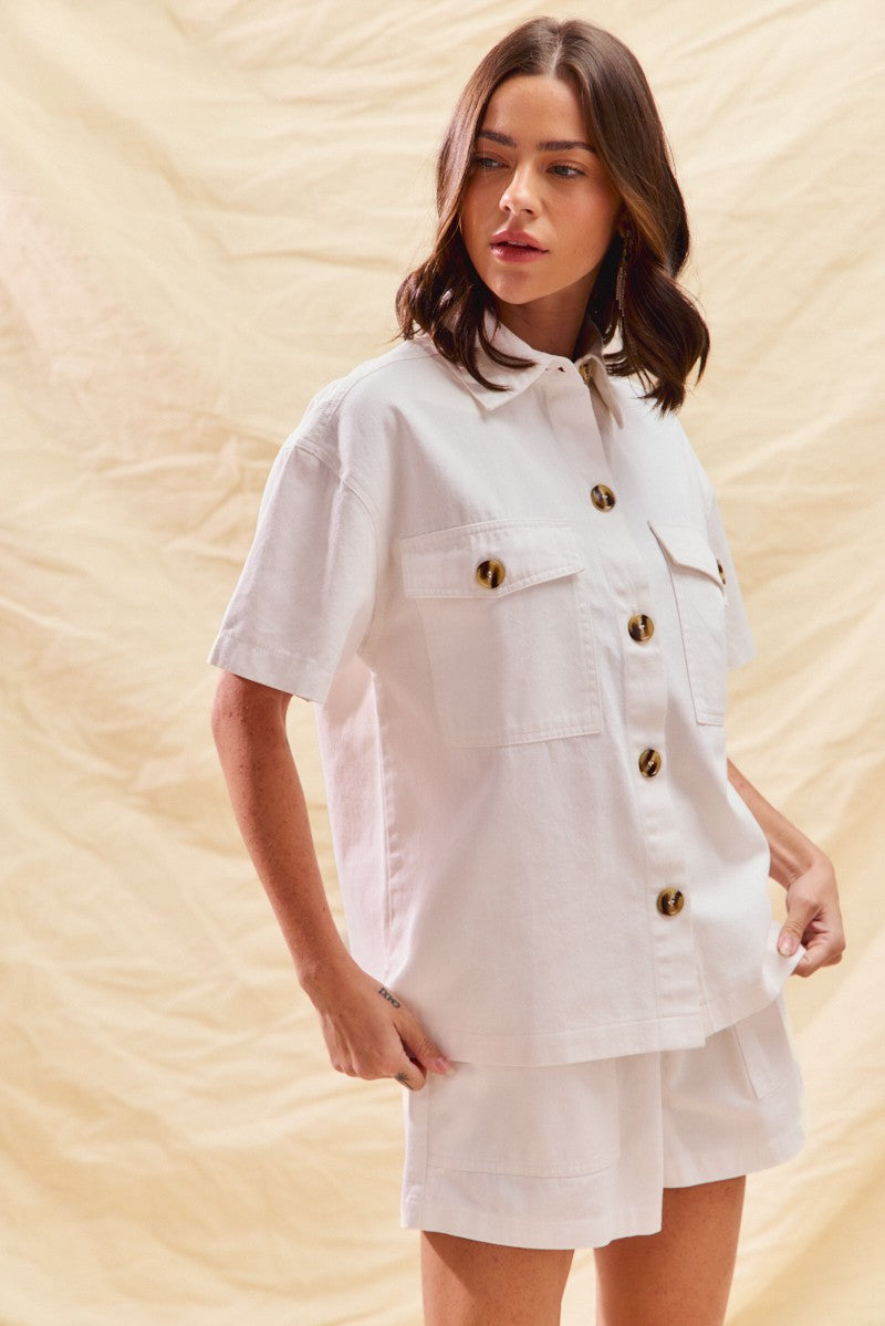 Button-Down Denim Shirt & Matching Shorts Two-Piece Set — Chic Casual Game Day Style - Outfit Sets