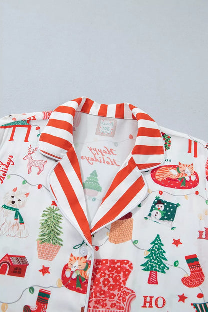 Striped Holiday Two-Piece Lounge Set with Button-Front Top and Matching Pants