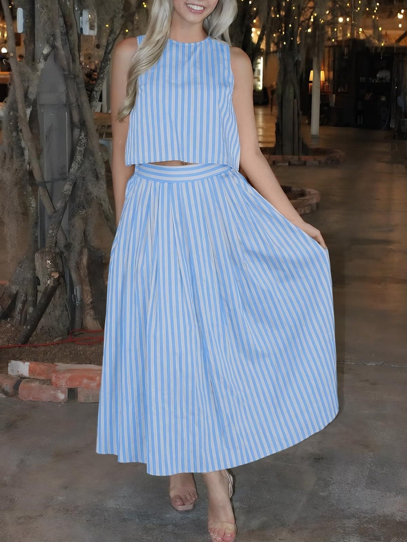 Women's Striped Sleeveless Top and Midi Skirt Set - Matching Sets