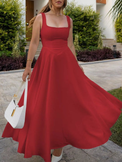 Women's Square Neck Wide Strap A-Line Midi Dress - Deep Red Midi Dresses