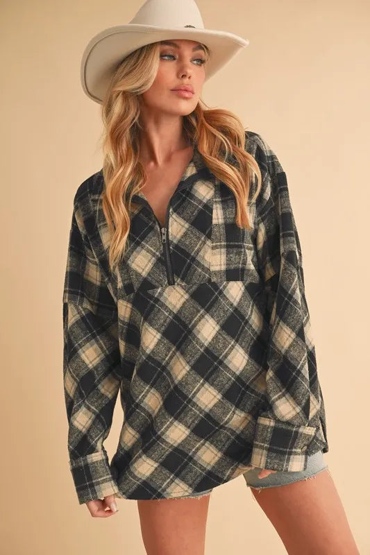Plaid Half Zip Shacket Black