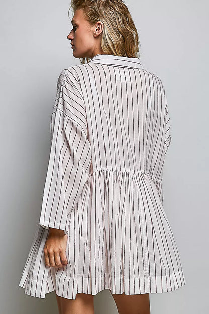 Women's Striped Gathered Waist Shirt Mini Dress - Mini Dresses