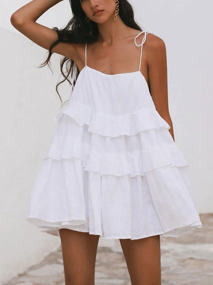 Women's Ruffle Layered Tie Shoulder Cami Mini Dress - Mini Dresses