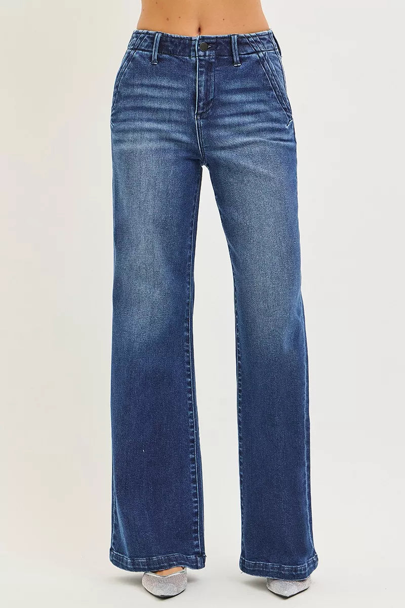 High Rise Wide Leg Jeans with Slanted Pockets - Jeans