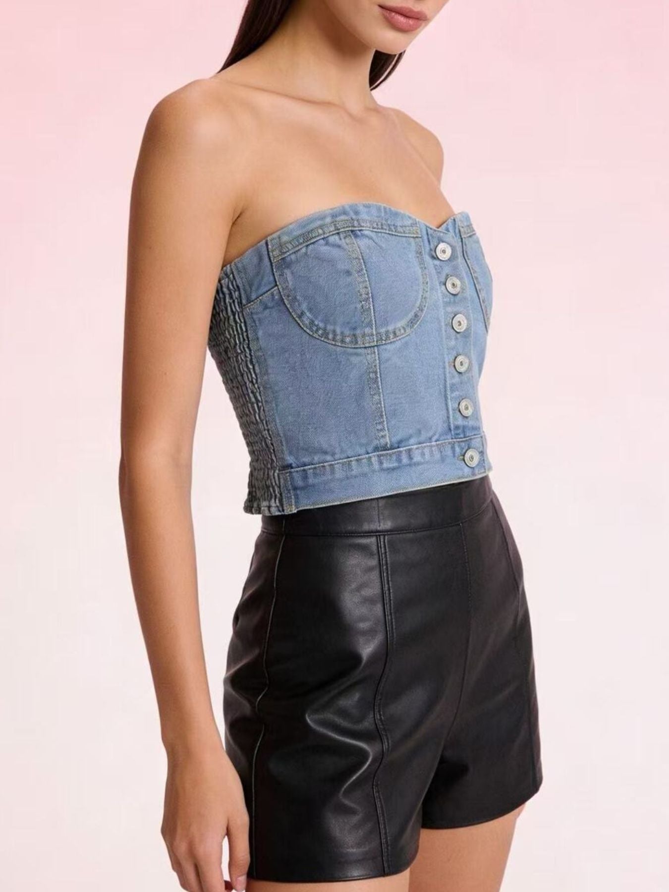 Button-Front Denim Tube Top - Tops