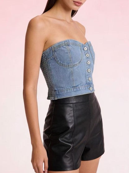 Button-Front Denim Tube Top - Tops