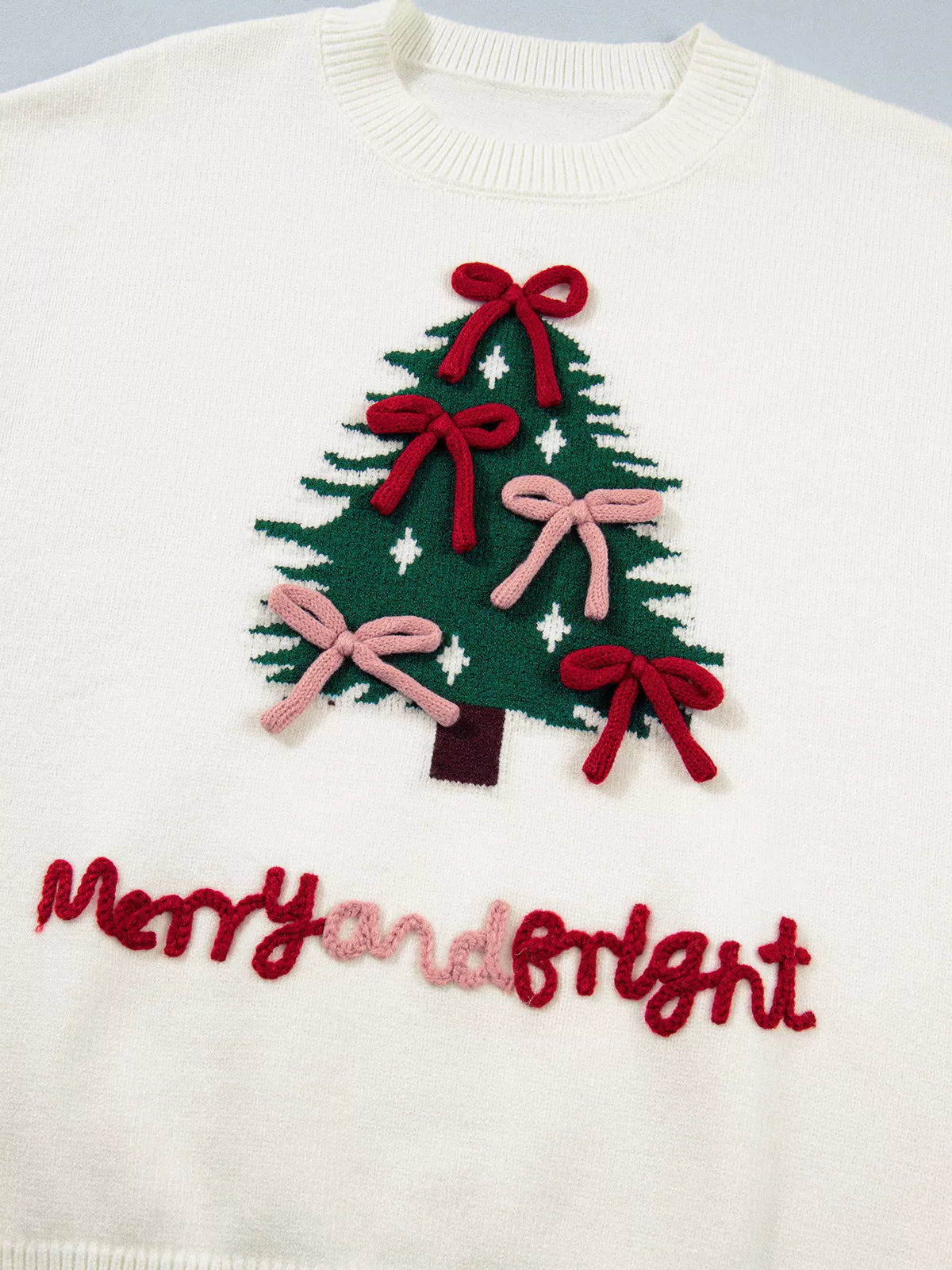 Christmas Tree Bow Drop-Shoulder Knit Sweater