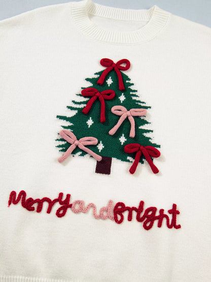 Christmas Tree Bow Drop-Shoulder Knit Sweater