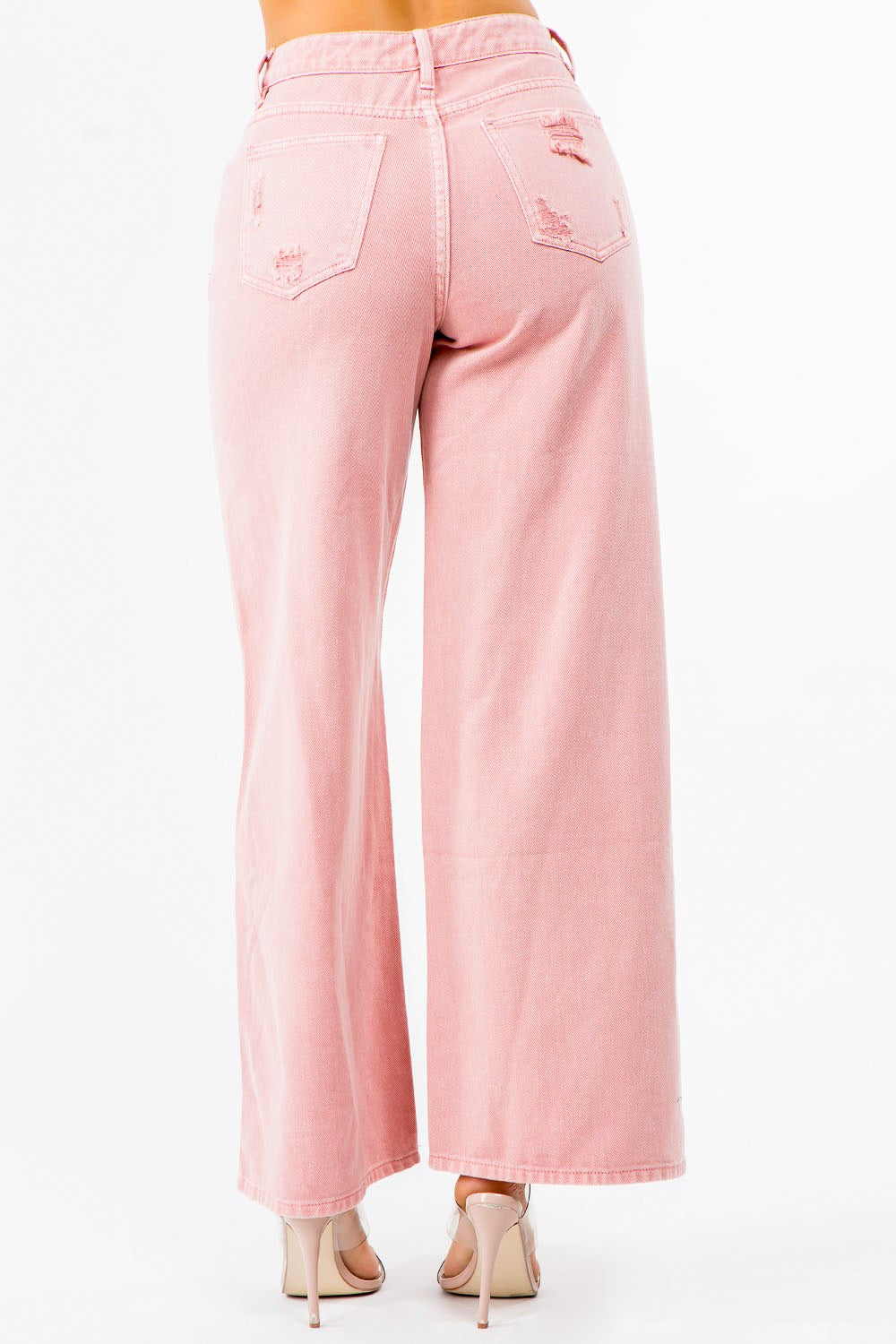 High Waist Distressed Wide Leg Jeans in Blush Pink – outfit idea for women | Ro + Ivy
