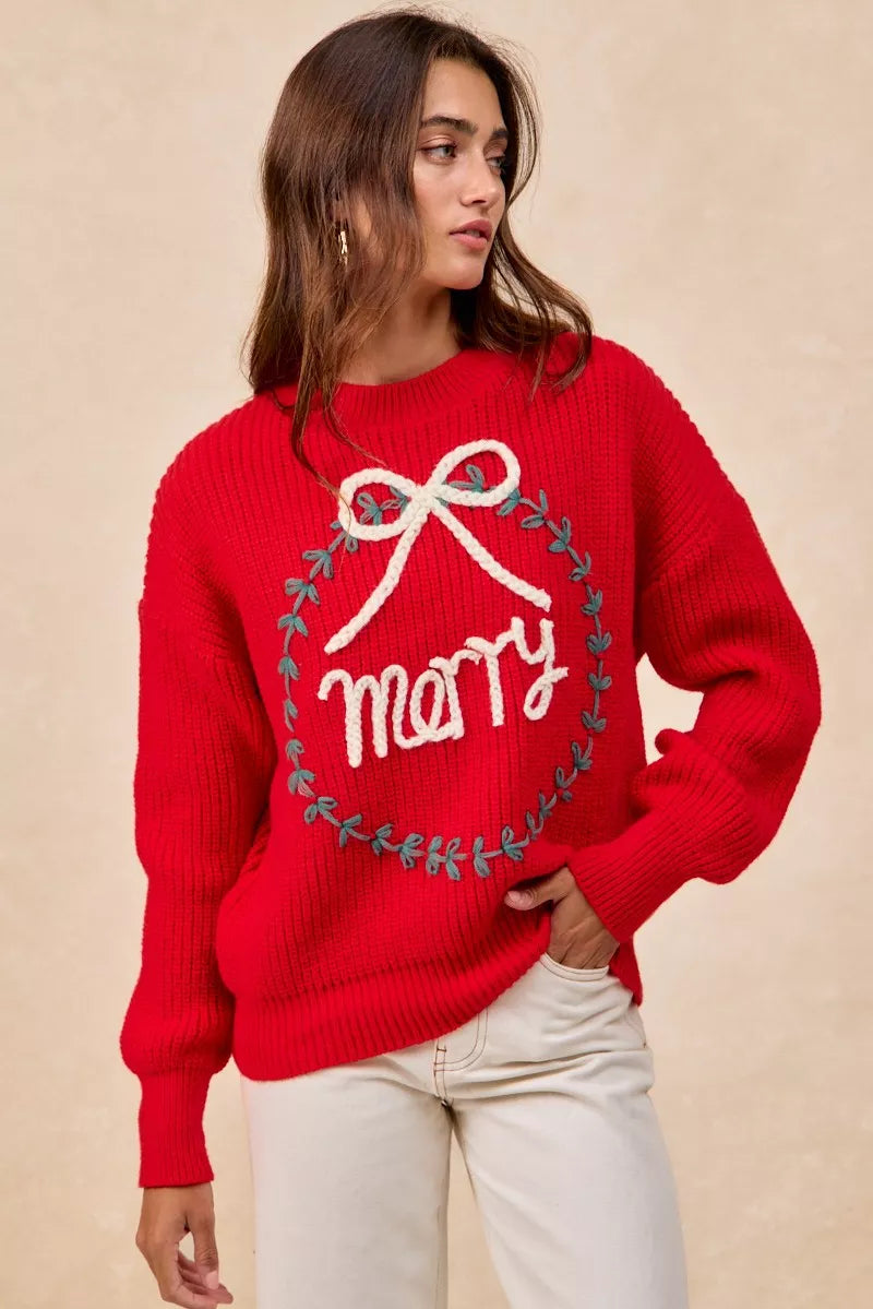 "Merry" Lettering Christmas Wreath Crewneck Sweater | Trendy Sweaters Outfit Idea for Women by Ro + Ivy | Elevated Basics, Modern Comfort & Style
