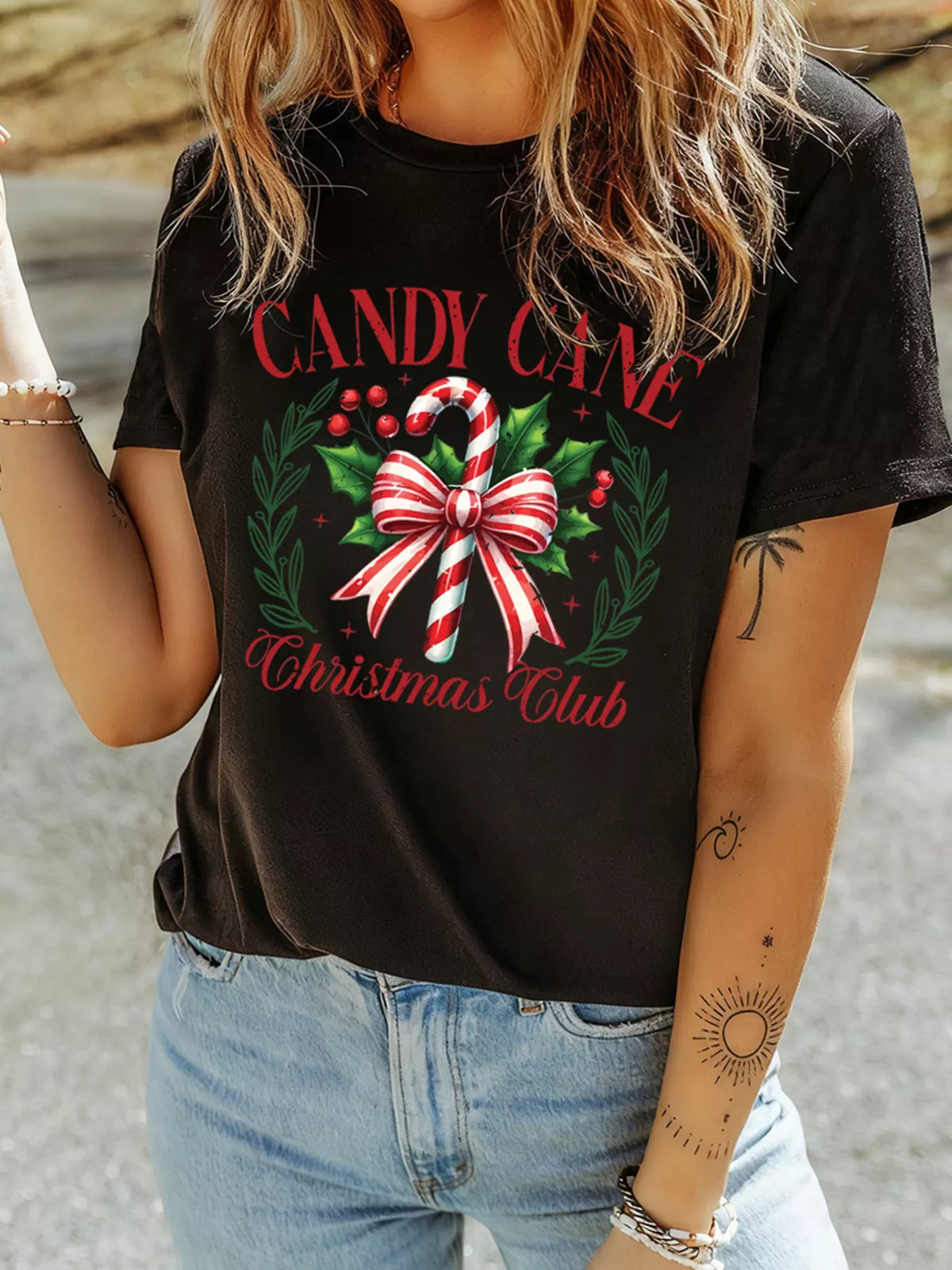 Oversized Candy Cane Christmas Graphic T-Shirt Black