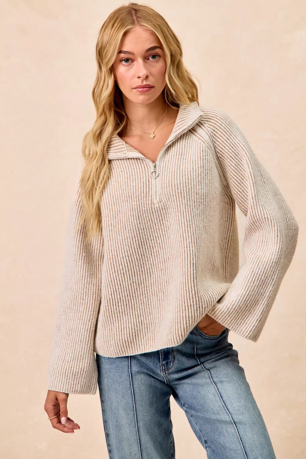 Two Tone Ribbed Knit Collared Zip Up Sweater | Trendy Sweaters Outfit Idea for Women by Ro + Ivy | Elevated Basics, Modern Comfort & Style