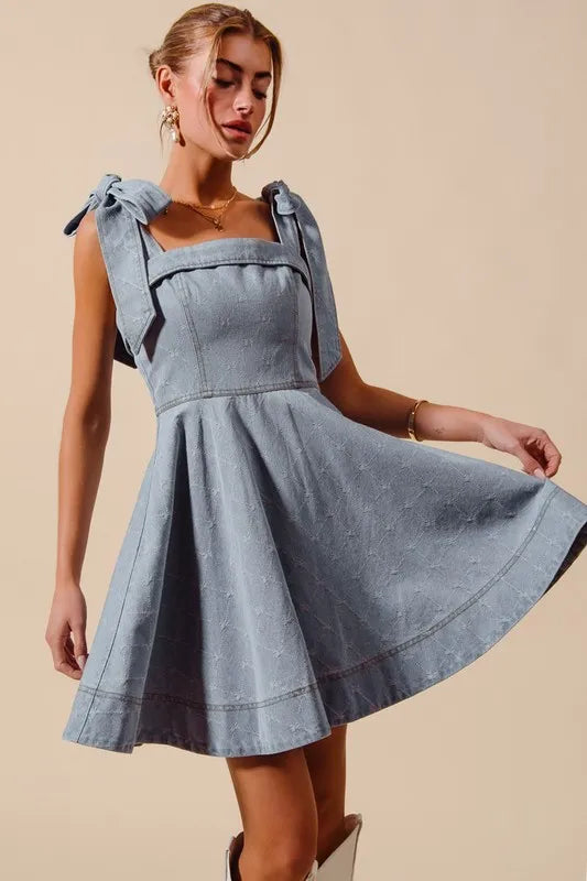 A Line Fit And Flare Diamond Bow Ribbon Denim Mini Dress – LT DENIM outfit idea for women | Ro + Ivy