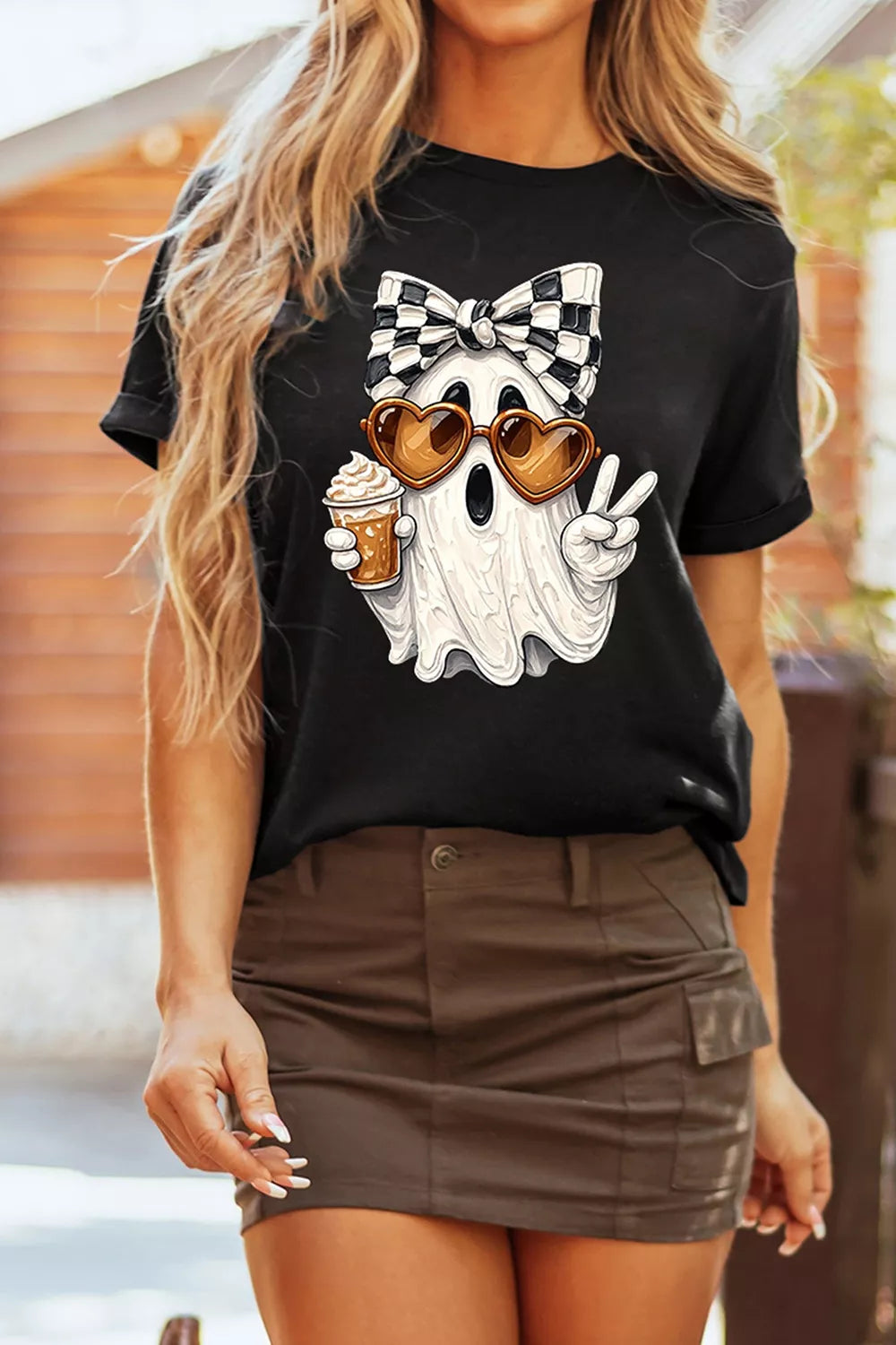 Halloween Checkered Bow Ghost Short Sleeve T-Shirt