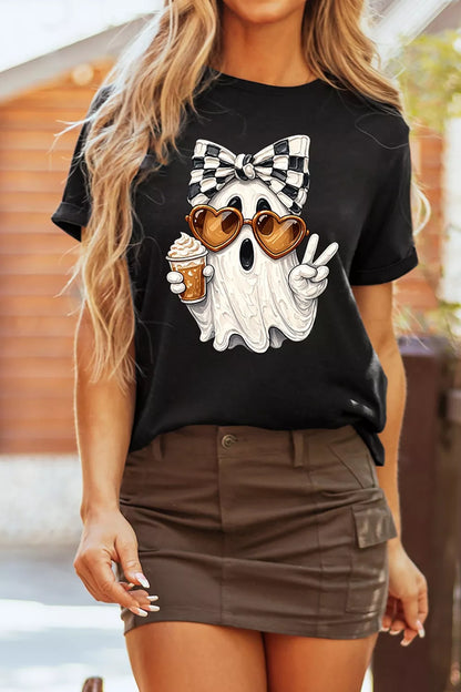 Halloween Checkered Bow Ghost Short Sleeve T-Shirt