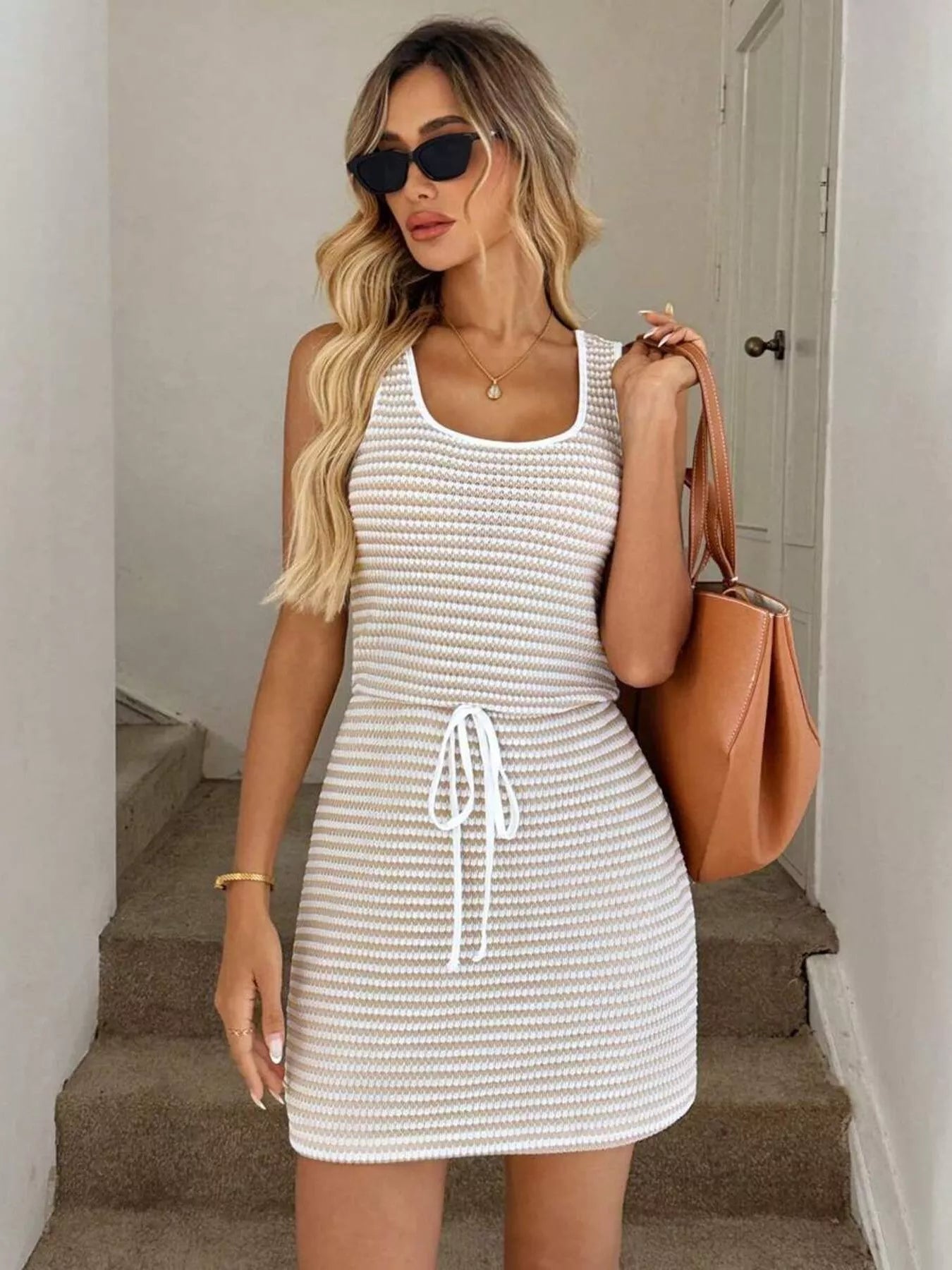 Women's Flowy Striped Knit Mini Dress with Drawstring - Mini Dresses