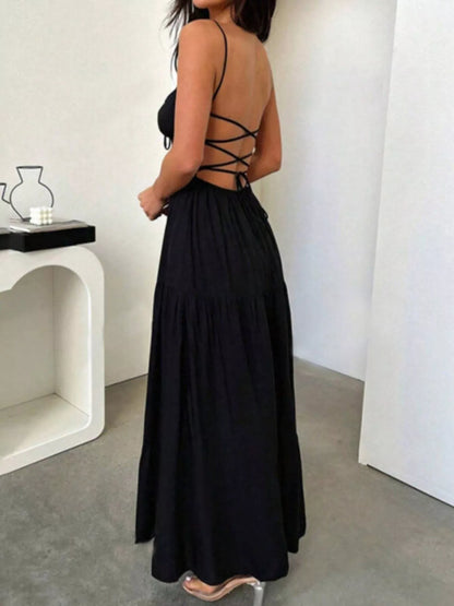 Lace Up Back Maxi Cami Tiered Dress - Maxi Dresses