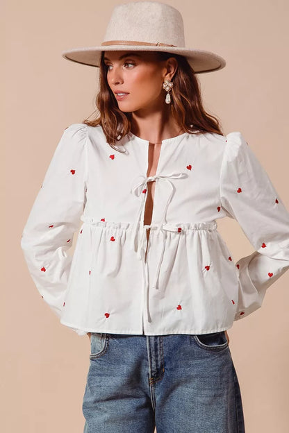 Front Tie Heart Embroidered Blouse With Puff Sleeve - Blouses