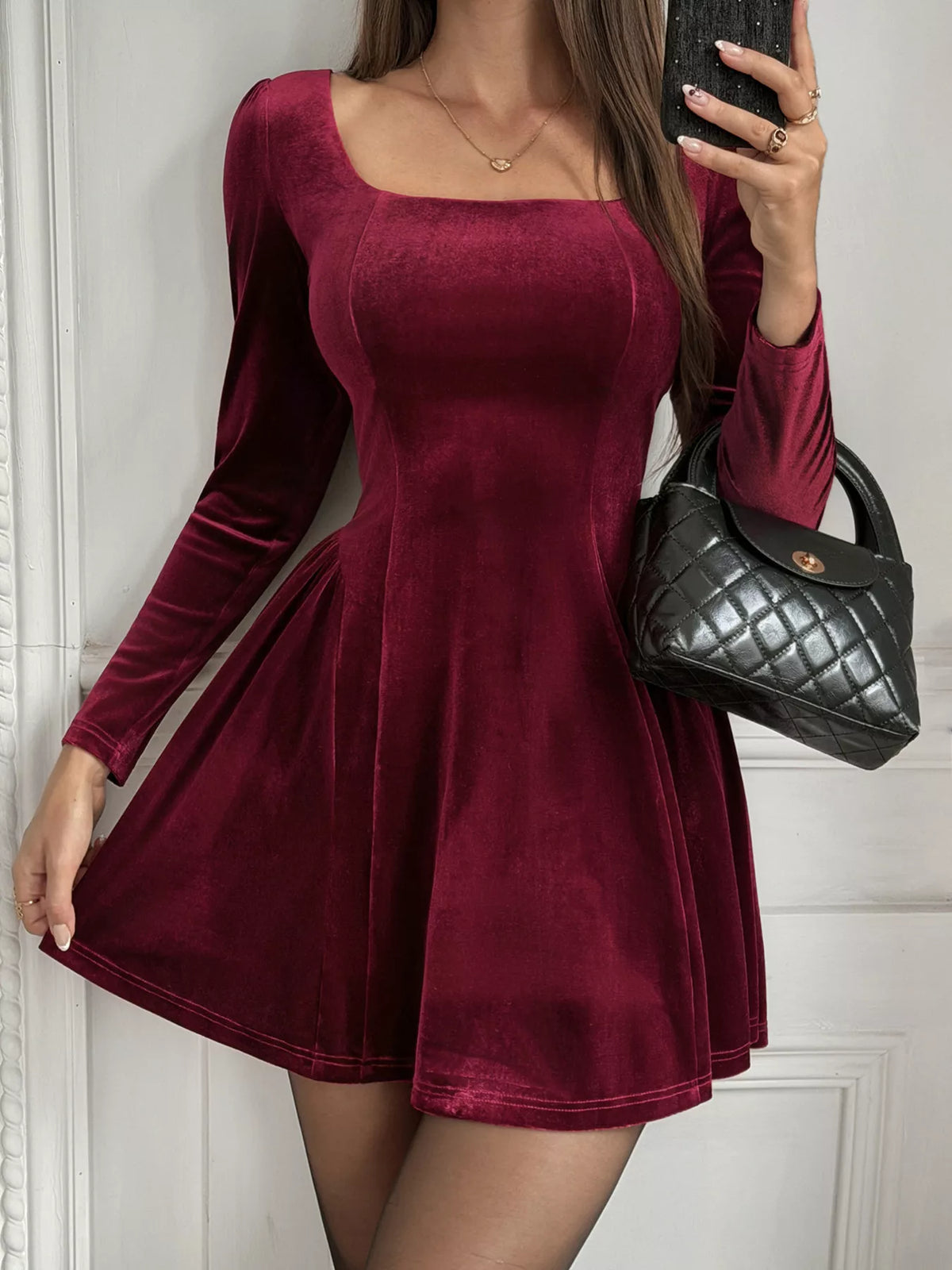 Velvet Square Neck Long-Sleeve Mini Dress with Stretch Fabric