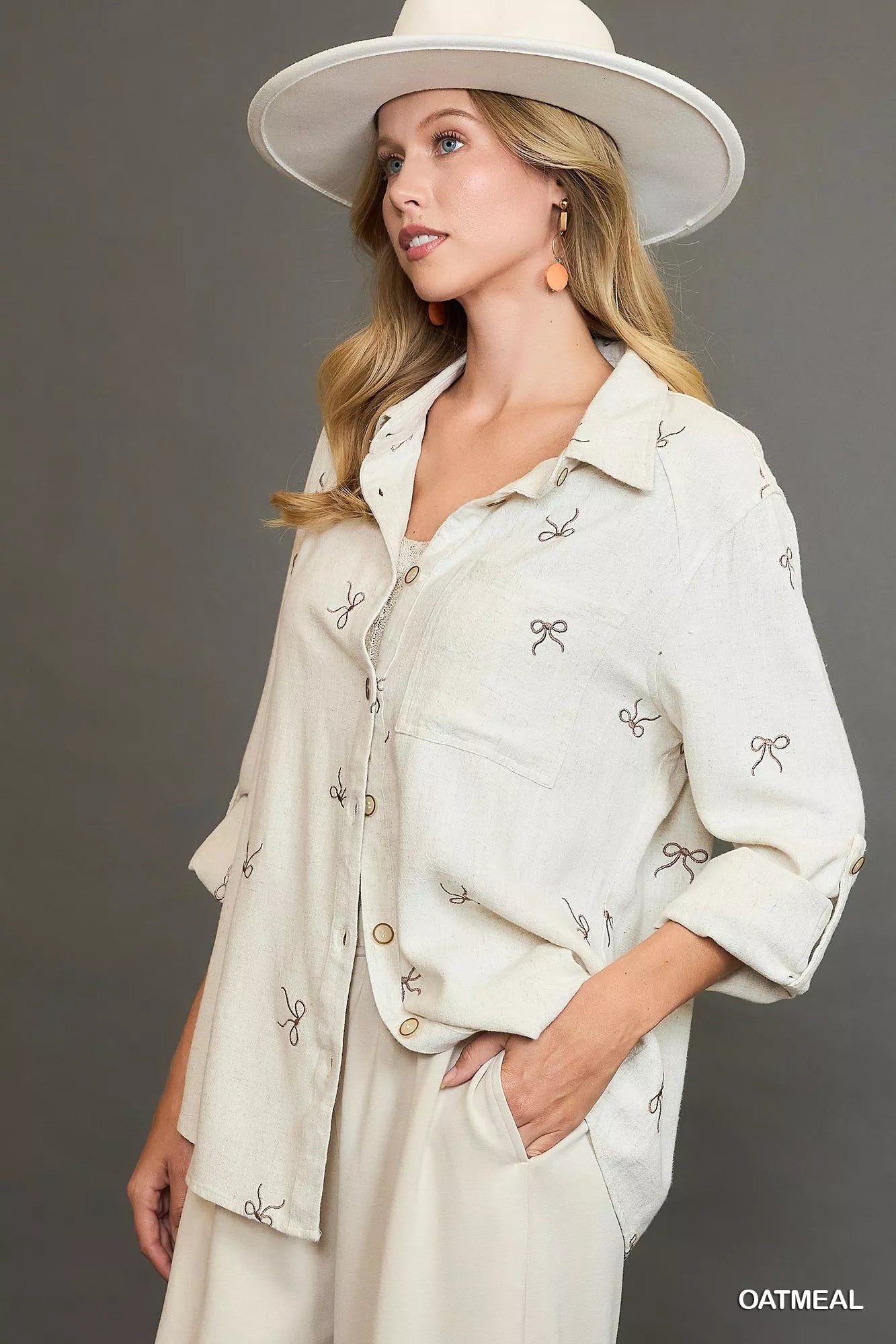 Ribbon Linen Blend Button Up Shirt in Oatmeal | Trendy Shirts Outfit Idea for Women by Ro + Ivy | Elevated Basics, Modern Comfort & Style