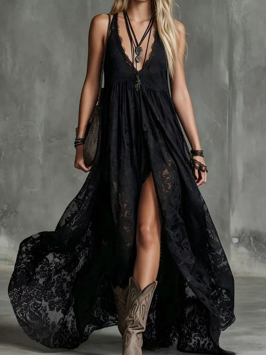 Boho Lace Maxi Dress with Slit Black