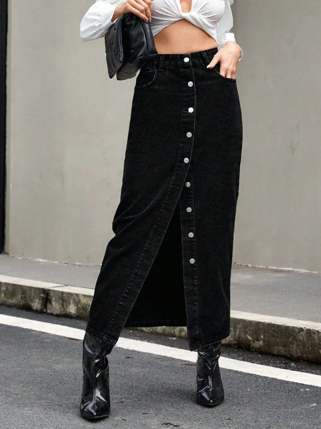 Button Front Denim Skirt - Skirts