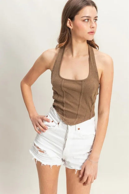 Mineral Wash Halter Neck Everyday Top - Tops